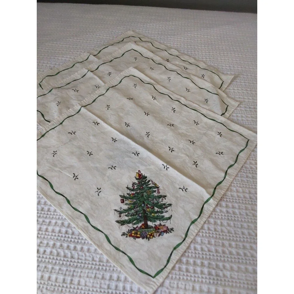 Set 3 SPODE CHRISTMAS TREE fabric NAPKINS Damask cloth Holiday 19-20